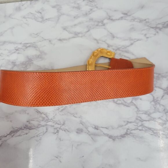 Emmanuel Vintage Oversized Gold Buckle and Deep Coral Lizard Embossed Belt